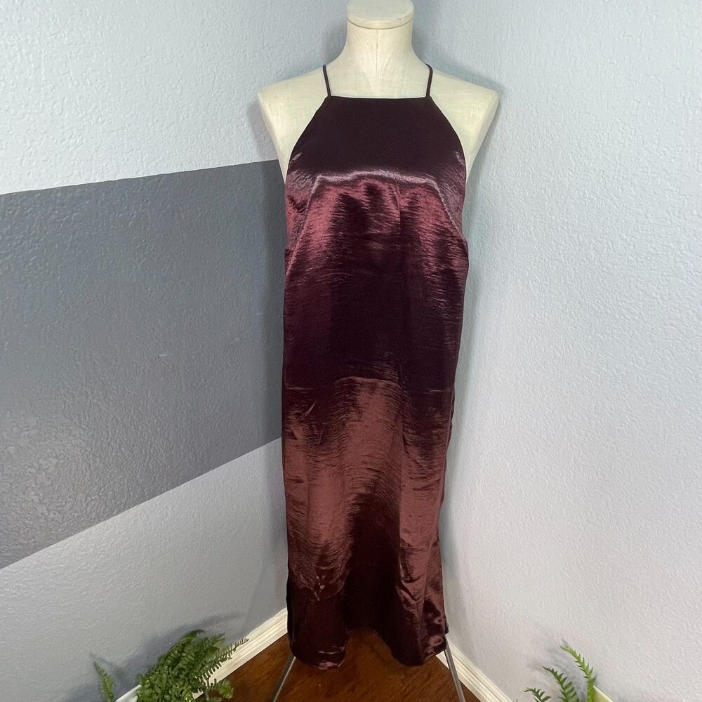 A New Day Medium Liquid‎ Satin Halter Midi Slip Dress Burgundy Plum, Minimalist